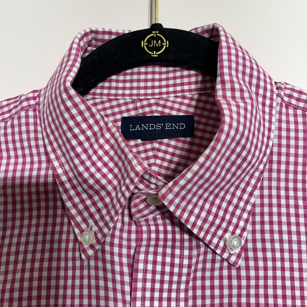Lands End Red and White Gingham Casual Button Down Shirt Men's 15/33 - Picture 2 of 12